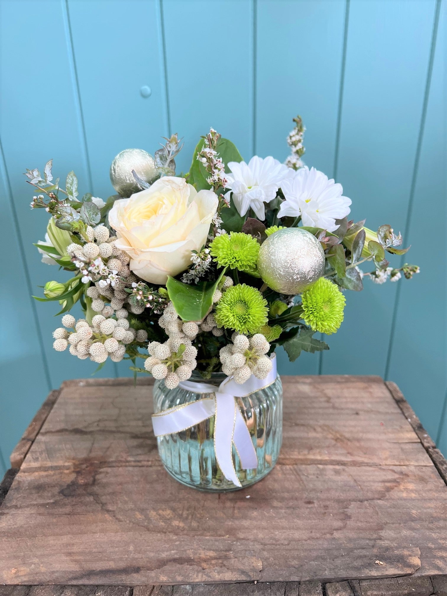 Silver Bells Posy in Hurricane Vase